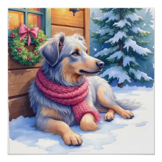 Póster Watercolor Bergamasco Shepherd Cabin Christmas (Anverso)