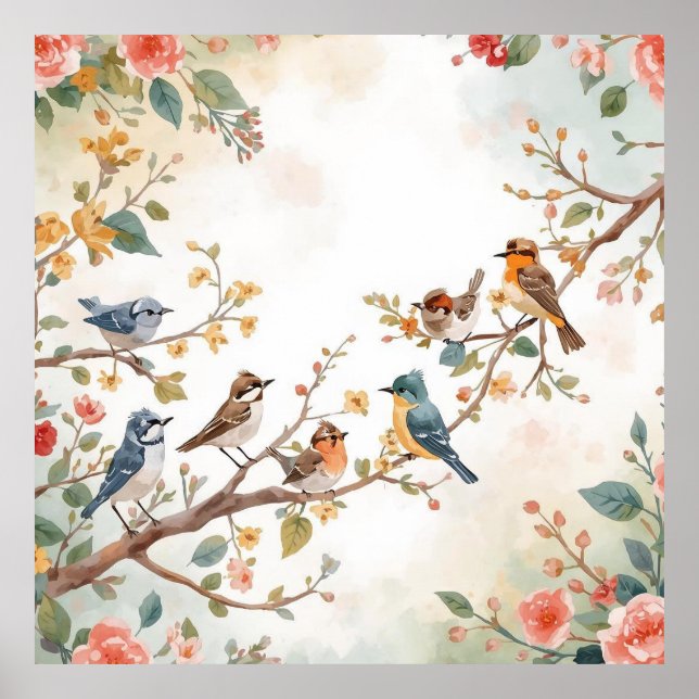 Póster Watercolor Birds in Bloom (Frente)