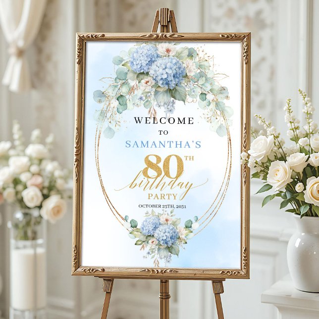 Póster Watercolor Blue Hydrangeas 80th birthday welcome (Watercolor Blue Hydrangeas 80th birthday welcome)