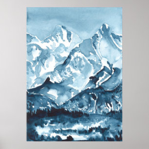 Póster Watercolor blue mountainscape, landscape 