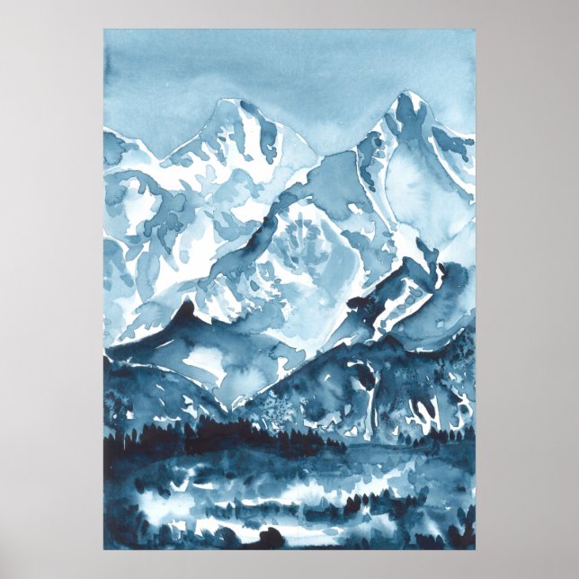 Póster Watercolor blue mountainscape, landscape  (Frente)