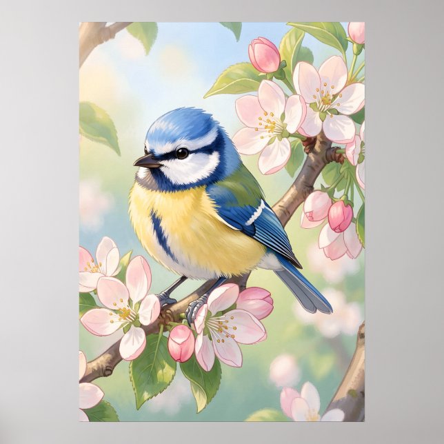 Póster Watercolor Blue Tit Bird on Apple Tree Spring (Frente)
