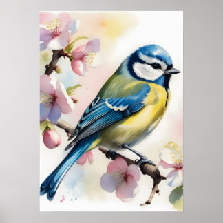 Póster Watercolor Blue Tit Bird on Apple Tree Spring