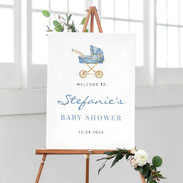 Póster Watercolor Blue Vintage Stroller Boy Baby Shower