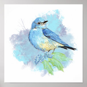 Póster Watercolor Bluebird Garden Bird
