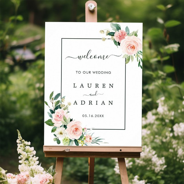 Póster Watercolor Blush Pink Bloom Wedding Welcome Sign (Subido por el creador)