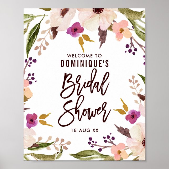 Póster Watercolor Bohemia Floral Wreath Bridal Shower (Frente)
