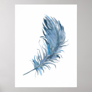 Póster Watercolor Boho Blue Feather Print