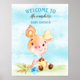 Póster Watercolor Boy Piggy Baby Shower Farm