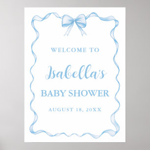 Póster Watercolor Boy Ribbon Dusty Blue Bow Baby Shower