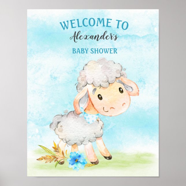 Póster Watercolor Boy Sheep Baby Shower Farm (Frente)