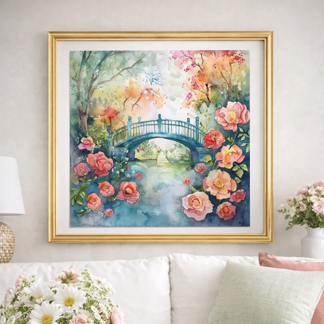 Póster Watercolor Bridge Garden Floral  (Watercolor bridge and flowers wall art)