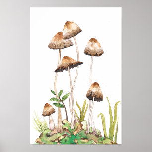 Póster Watercolor Brown Forest Mushrooms