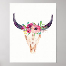 Póster Watercolor Bull Skull with Purple and Pink Flowers