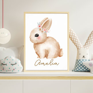 Póster Watercolor Bunny Nursery Print Floral Woodland