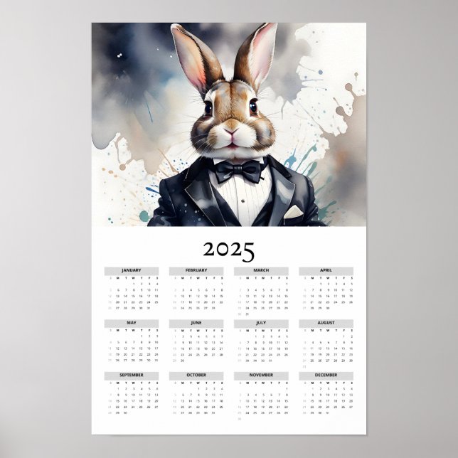 Póster Watercolor Bunny Tuxedo Bow Tie 2025 Calendario de (Frente)