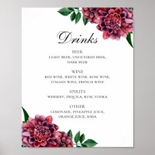 Póster Watercolor burgundy floral boda bebidas menú bar