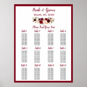 Póster Watercolor Burgundy Red Rose Wedding Seating Chart