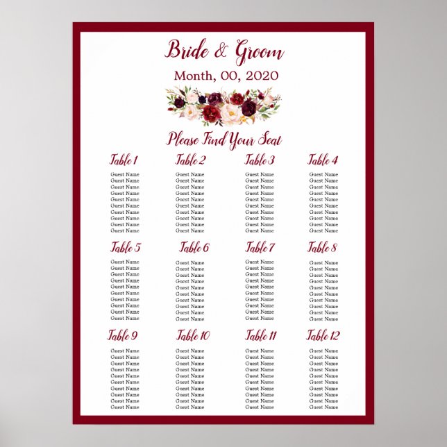 Póster Watercolor Burgundy Red Rose Wedding Seating Chart (Frente)