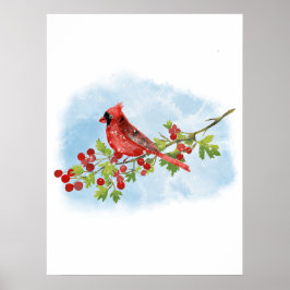 Póster Watercolor Cardinal Bird on Berry Branch 