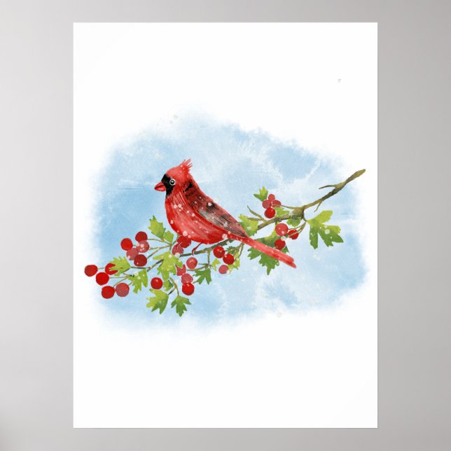 Póster Watercolor Cardinal Bird on Berry Branch  (Frente)