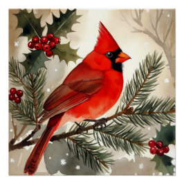 Póster Watercolor Cardinal on Snowy Pine Branch Christmas