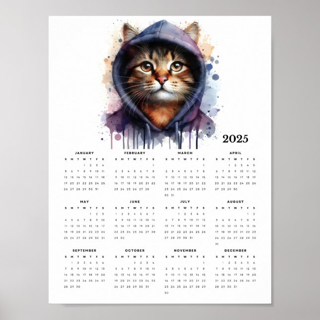 Póster Watercolor Cat en el calendario Hoodie Splash Art  (Frente)