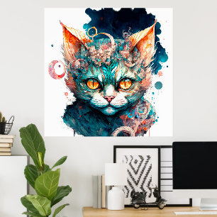 Póster Watercolor cat en estilo steampunk