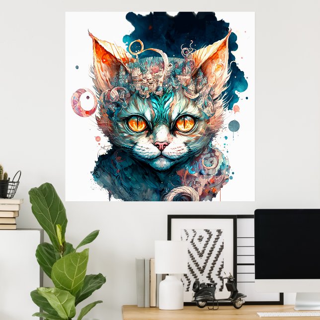Póster Watercolor cat en estilo steampunk (Oficina en casa)