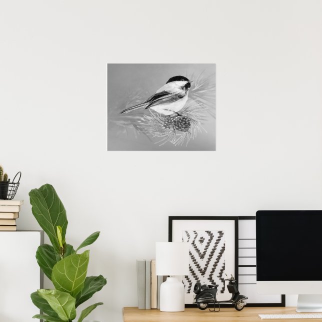 Póster Watercolor Chickadee Bird Pine Cone Nature Art (Oficina en casa)
