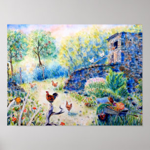 Póster Watercolor Chickens and Hen House
