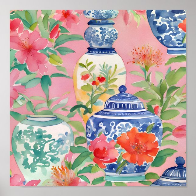 Póster Watercolor Chinoiserie Ginger Jars & Flowers (Frente)