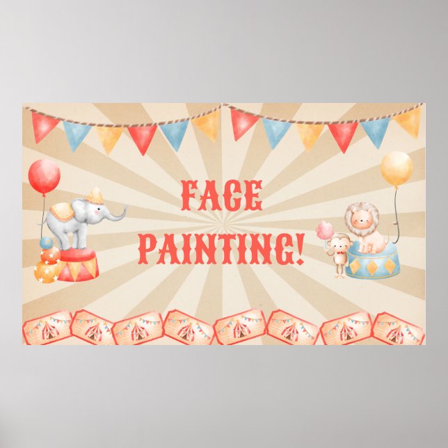 Póster Watercolor Circus Animals Birthday Party Station (Frente)