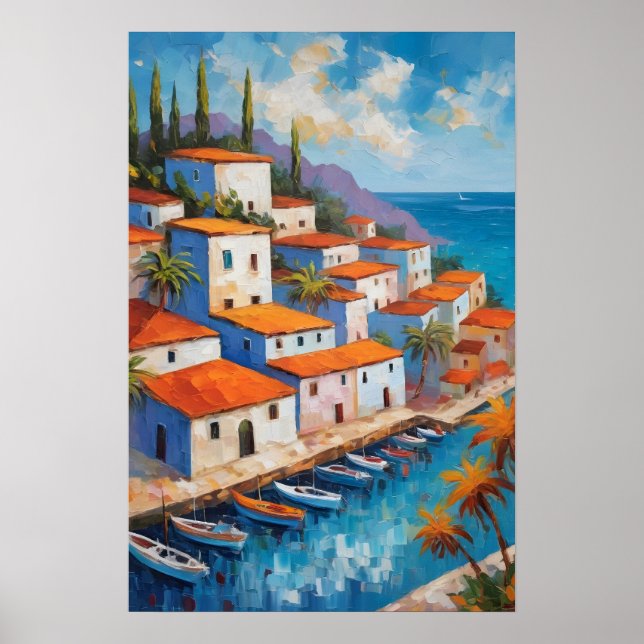 Póster Watercolor Coastal Village  sailboat   (Frente)