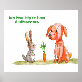 Póster Watercolor Comic Cat con conejito de Pascua