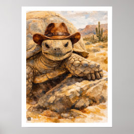 Póster Watercolor Cowboy Turtle in the desert
