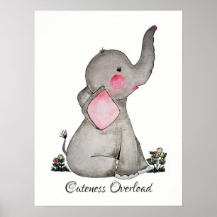 Póster Watercolor Cute Baby Elephant Con Rubor Y Flores