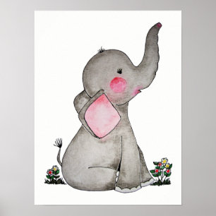 Póster Watercolor Cute Baby Elephant Con Rubor Y Flores