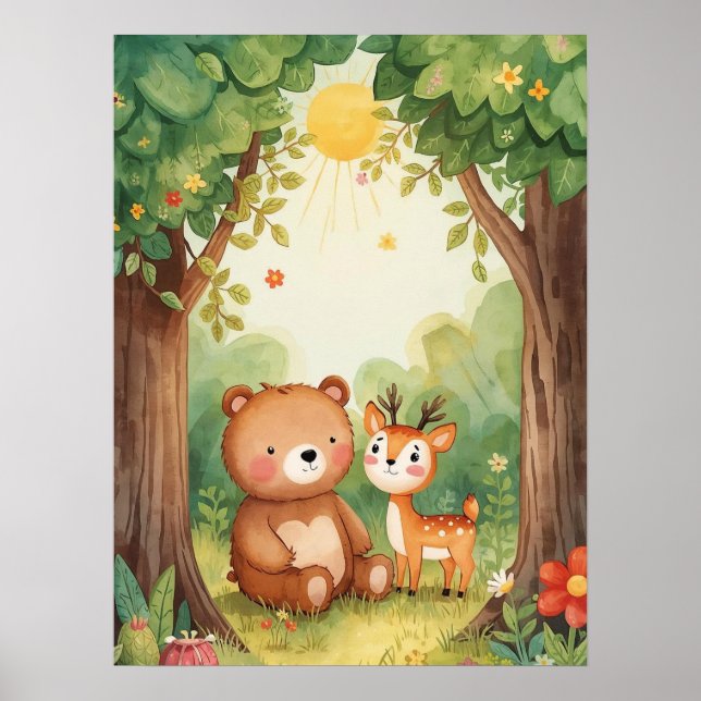 Póster Watercolor Cute Bear & Deer Woodland Nursery Art (Frente)