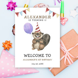 Póster Watercolor Cute Beaver Primer Cumpleaños