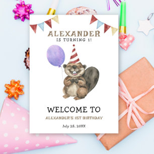 Póster Watercolor Cute Beaver Primer Cumpleaños