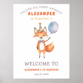Póster Watercolor Cute Fox Primer Cumpleaños