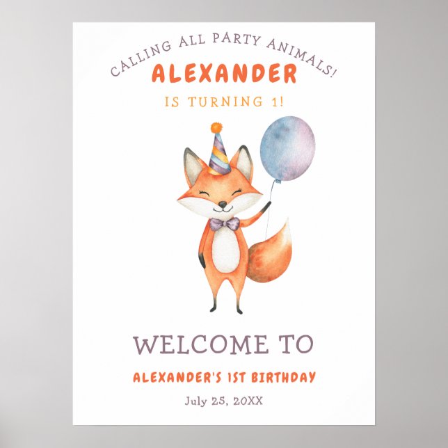 Póster Watercolor Cute Fox Primer Cumpleaños (Frente)