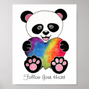Póster Watercolor Cute Panda Con Corazón Arcoiris