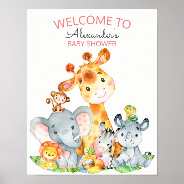 Póster Watercolor Cute Safari Jungle Baby Shower (Frente)