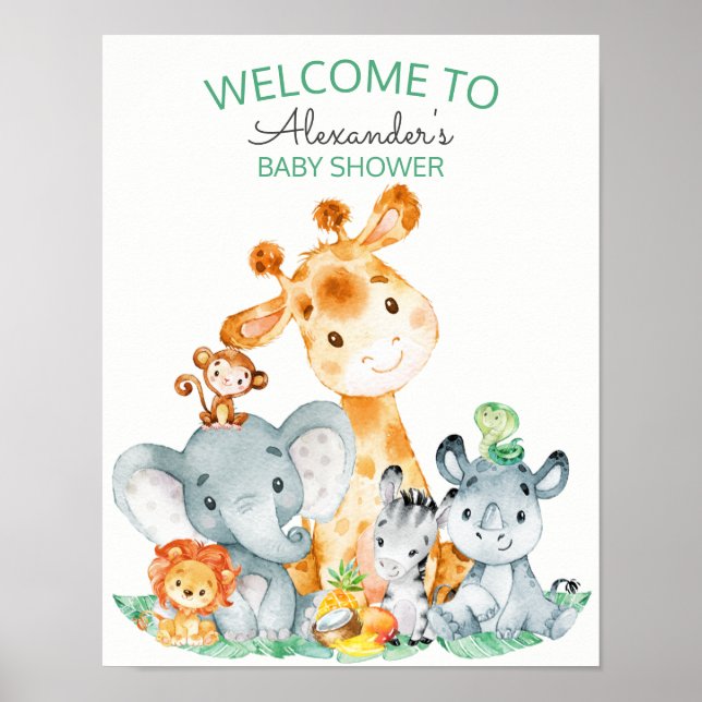 Póster Watercolor Cute Safari Jungle Baby Shower (Frente)