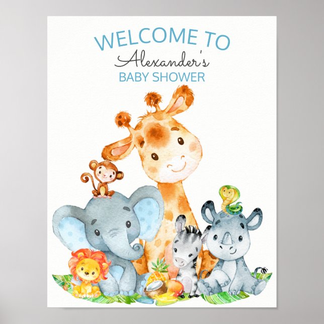 Póster Watercolor Cute Safari Jungle Baby Shower (Frente)