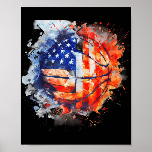 Póster Watercolor De Baloncesto Usa America Basketball Ho