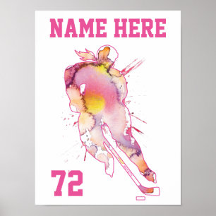 Póster Watercolor de jugadora de hockey personalizada par