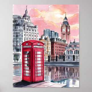 Póster Watercolor de la cabina telefónica de Londres